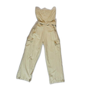 Sim & Sam Tan Linen Strapless Jumpsuit XS Linen Blend Vacation Belted Straight
